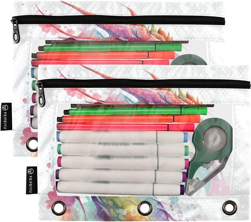 BOENLE Watercolor Dragon Pencil Pouch for 3 Ring Binder, 2 Pack Waterproof Pencil Bags Clear Window Zipper School Office Supplies - Image 2